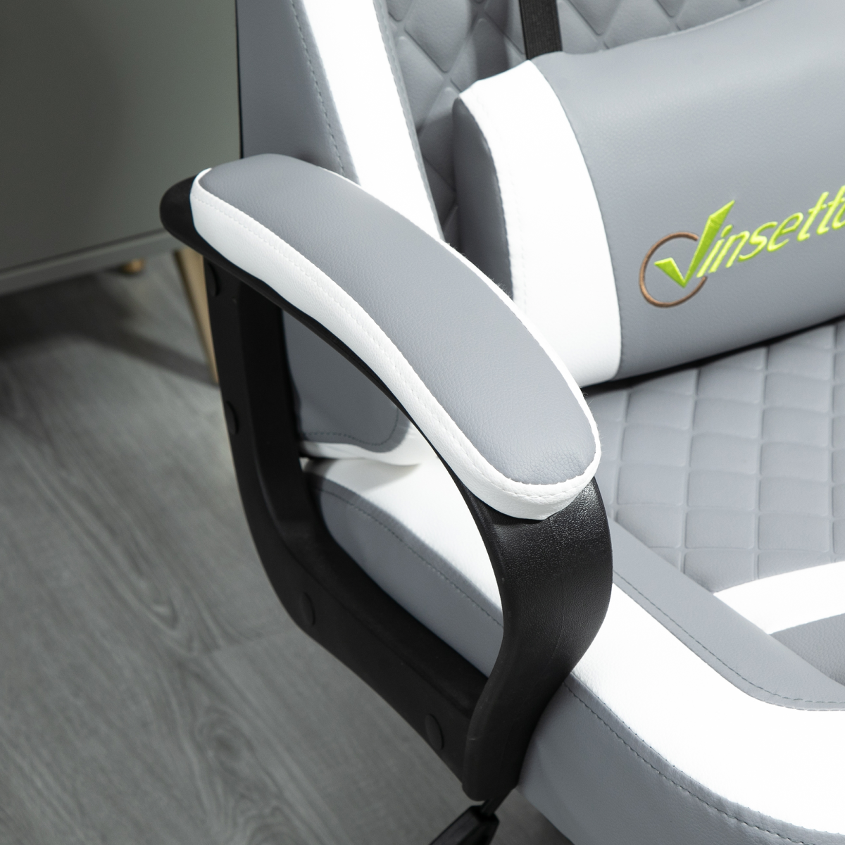 Grey and white Racing Gaming Chair with lumbar support and headrest, designed for gamers and office use by HomeCraft.