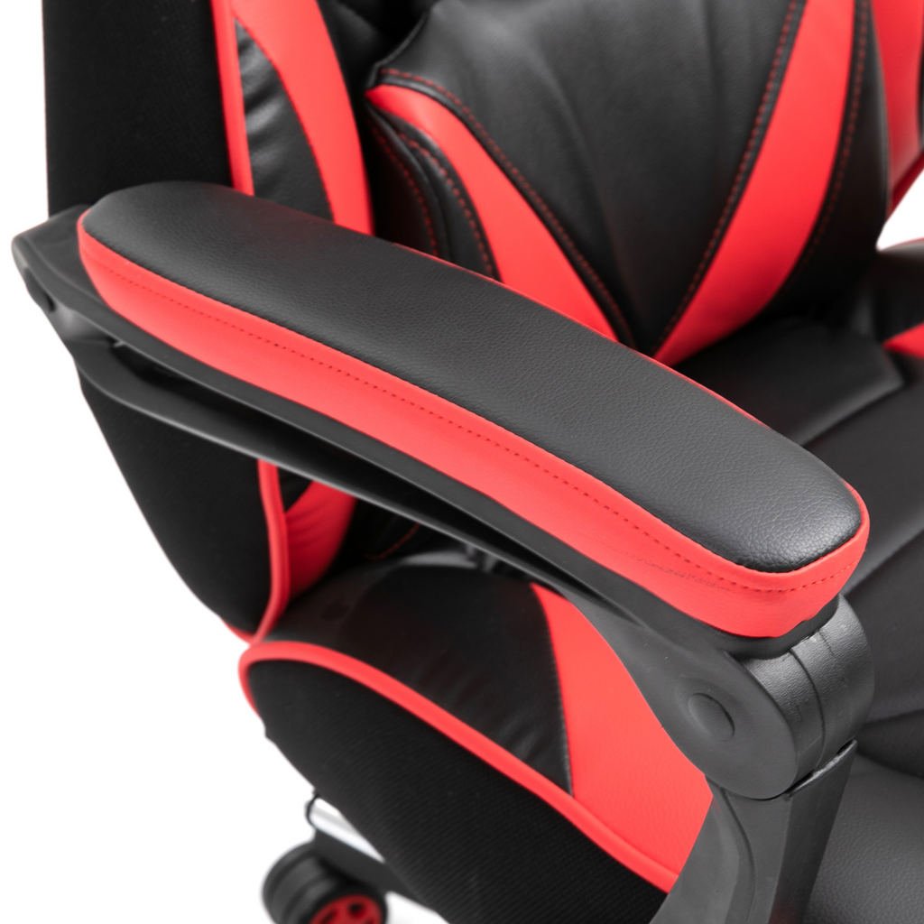 Ergonomic red gaming chair by HomeCraft with reclining feature and manual footrest, perfect for office use.