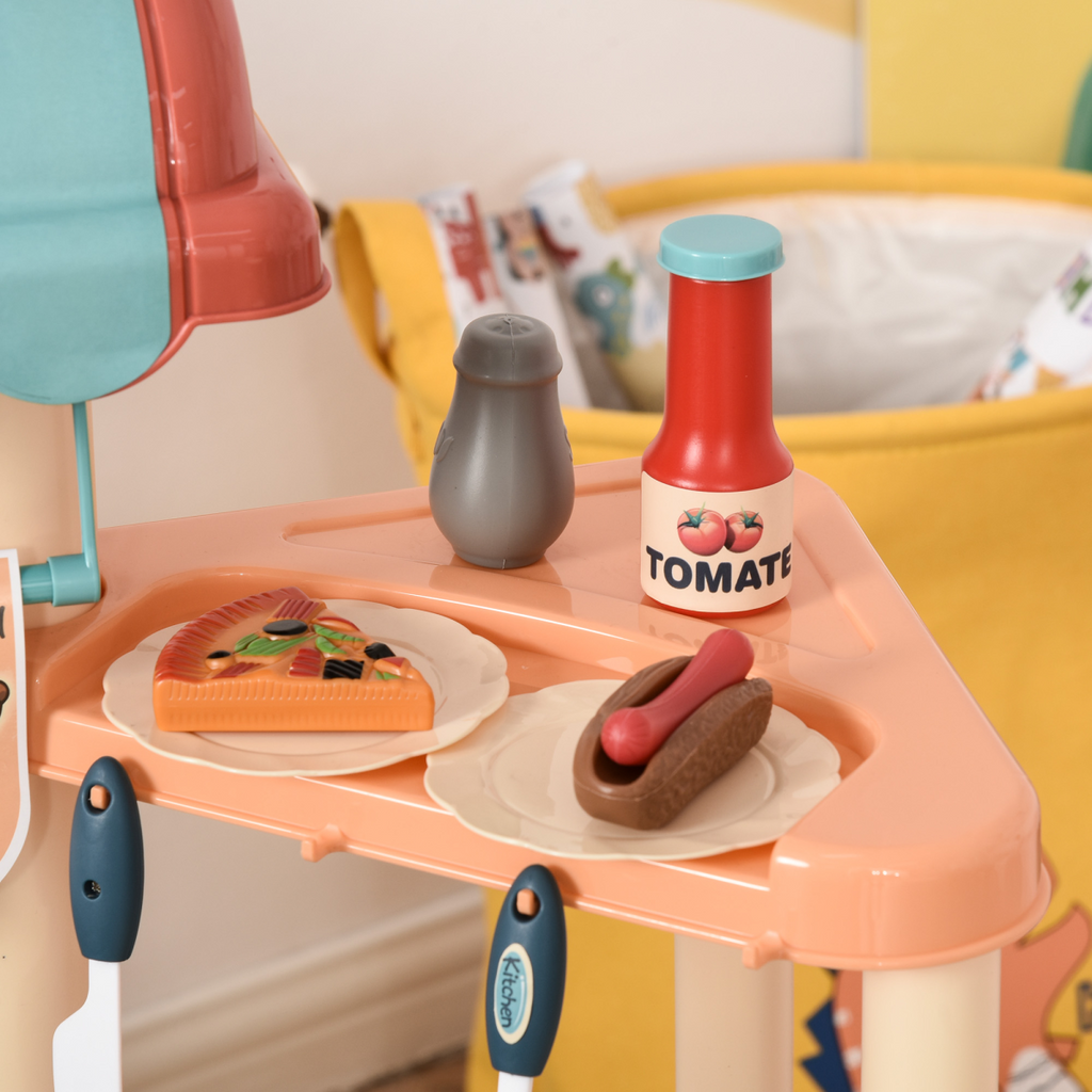 Colorful HOMCOM kids kitchen play set with 50 pieces, including a pretend trolley cart, designed for ages 3-6.