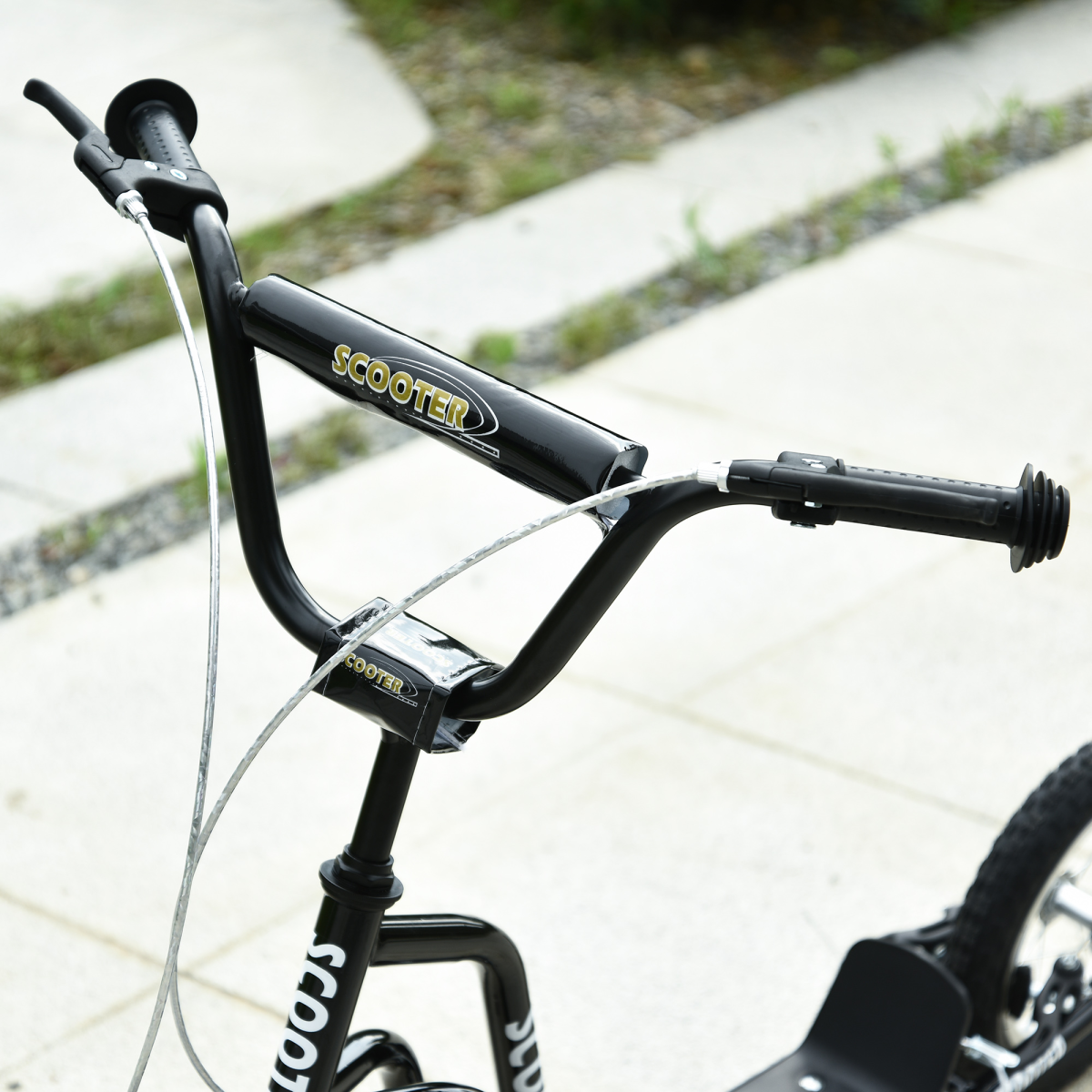 Kids Kick Scooter by FunZone with adjustable handlebar and inflatable wheels, suitable for ages 5+, in black color.
