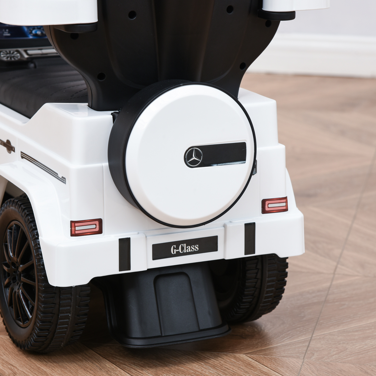 Licensed Mercedes Benz G350 ride-on push car in white with sun canopy, designed for children ages 12-36 months.