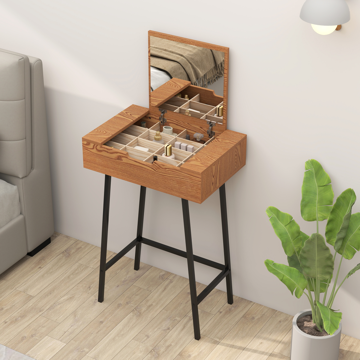Industrial Vanity Desk with Mirror & Steel Legs - Natural Wood Effect