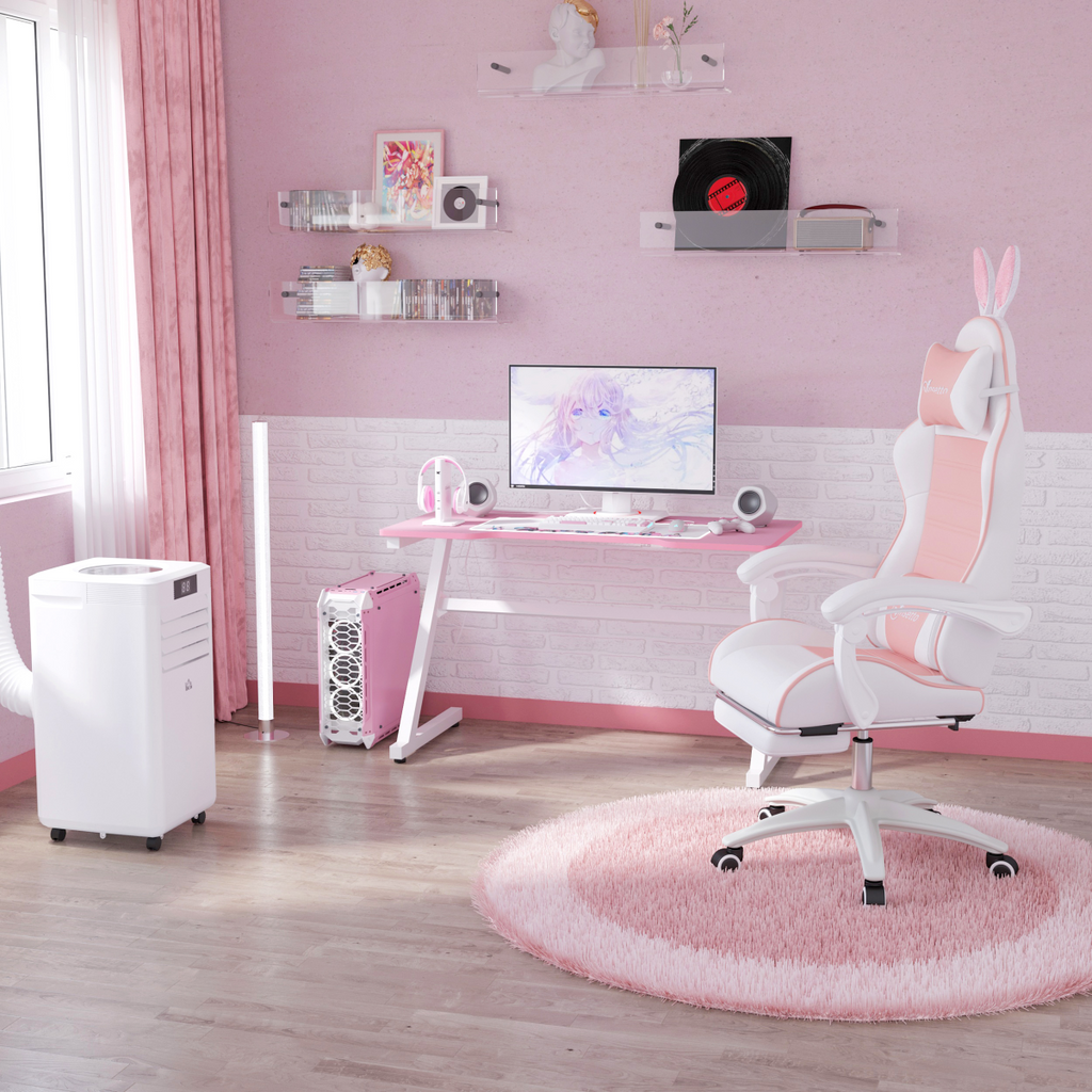 Vinsetto pink racing style gaming chair with removable footrest and rabbit ears design, ideal for gaming or office use.
