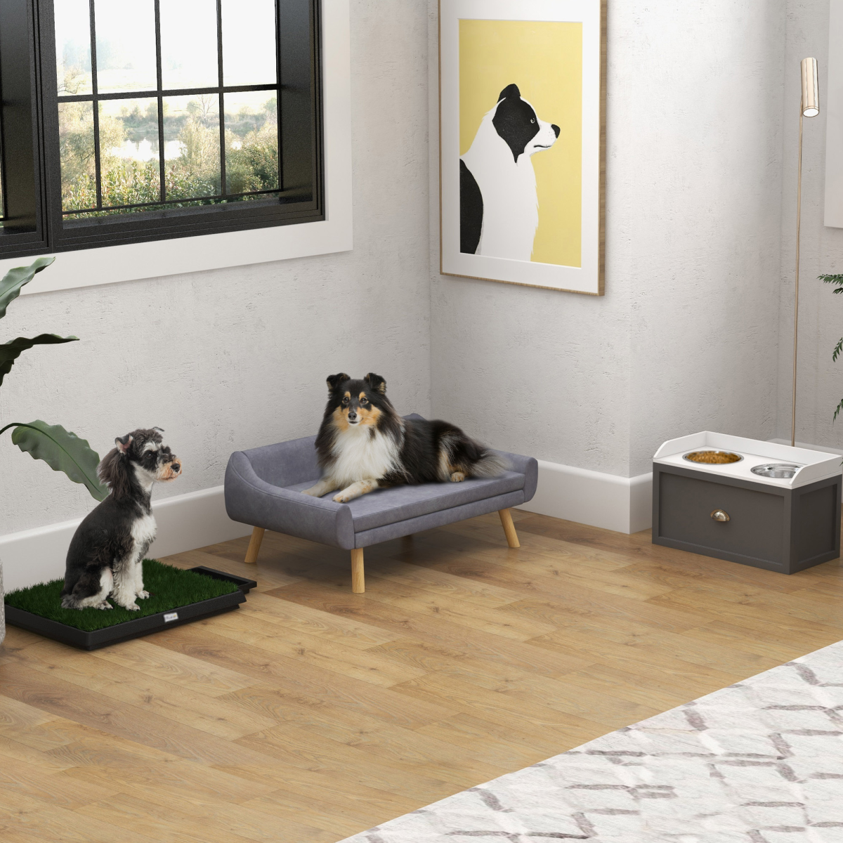 PawHut Dog Sofa Bed Raised Couch with Wooden Frame and Soft Cushion, Grey