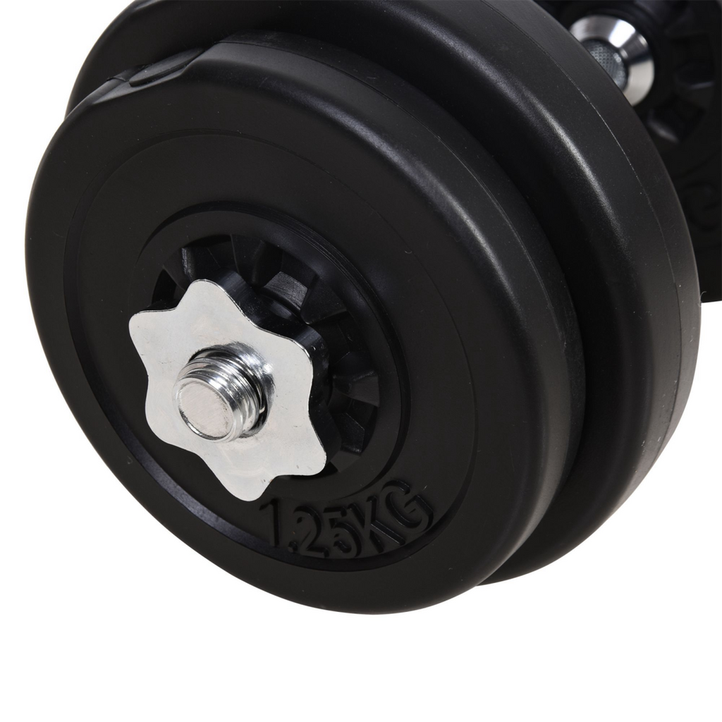 Adjustable 65kg dumbbells and barbell set by HOMCOM for strength training in a home gym setting.