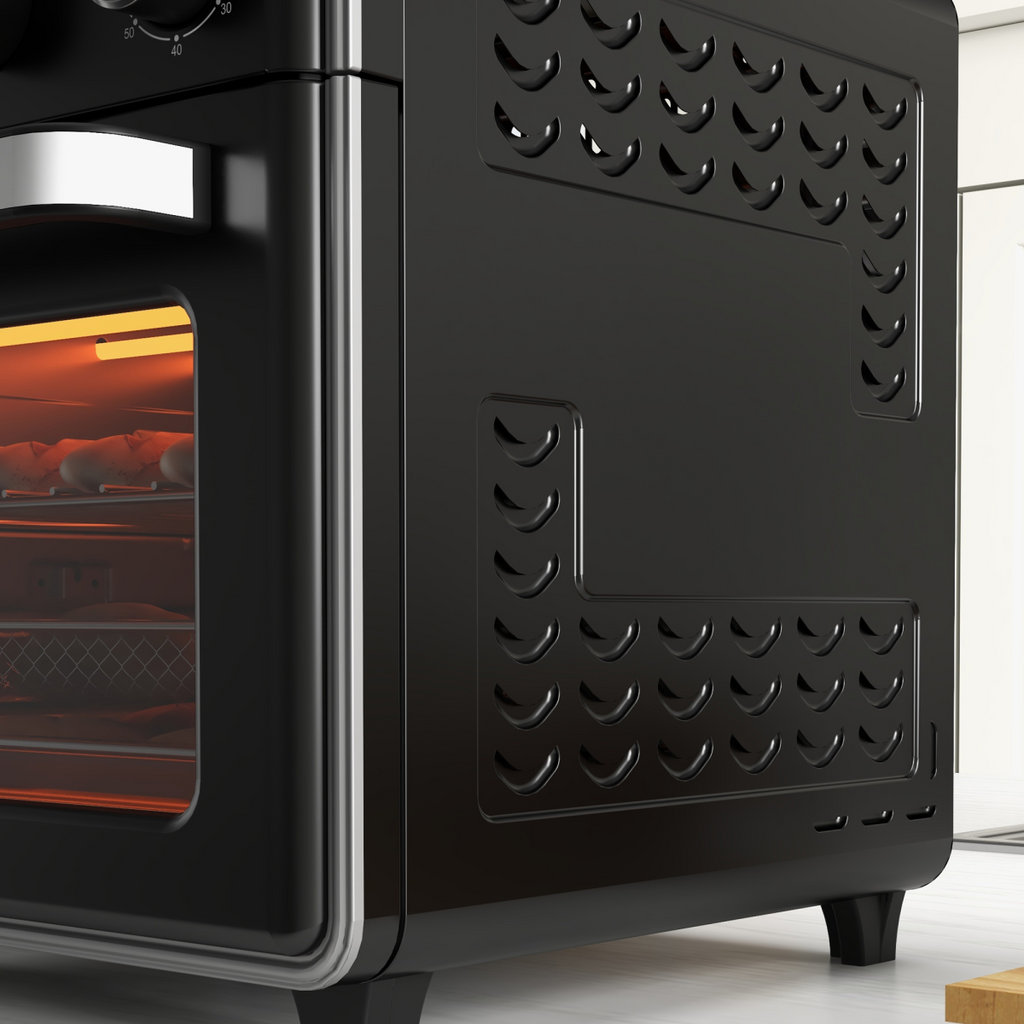 HOMCOM 20L air fryer oven in black with 7 functions and countertop convection design, showcasing the control panel and interior.
