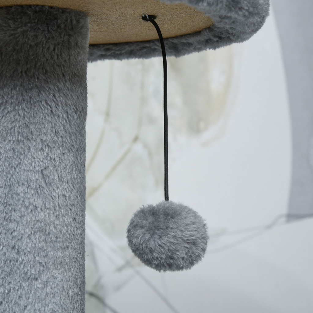 Dark grey Pawhut cat tree tower with multiple platforms, hanging ball toy, and teasing rope for feline play and rest.