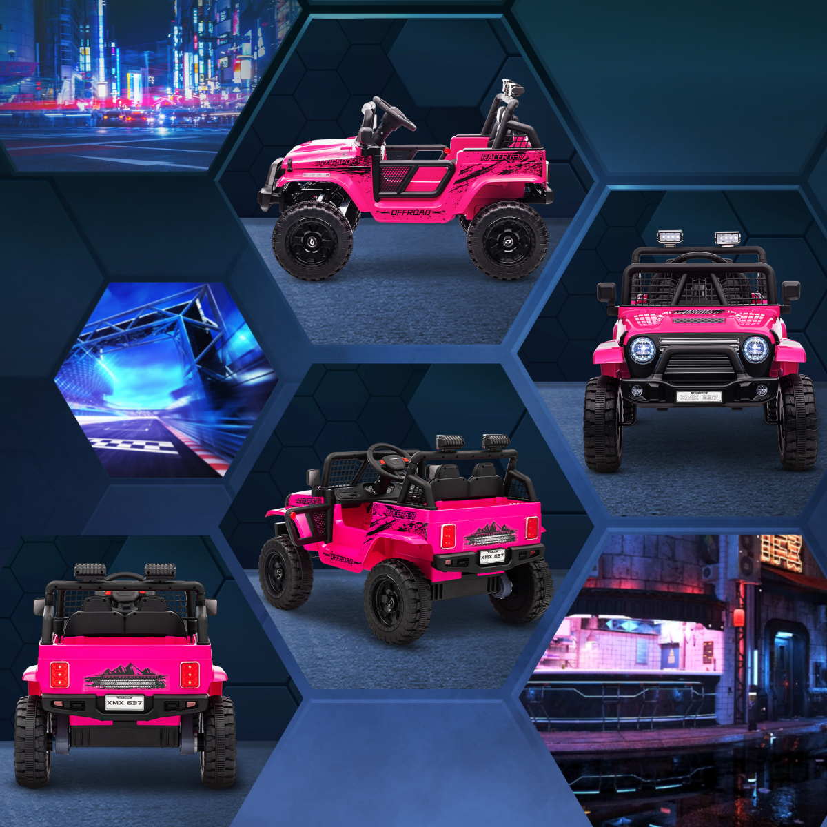 Pink AIYAPLAY Kids Ride On Car, 12V electric truck with suspension, showcasing stylish design and robust wheels.