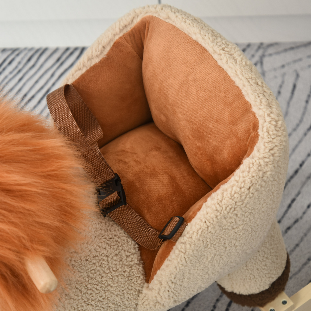 Kids rocking lion plush ride-on toy with sound button and seat belt, perfect for ages 18-36 months. FunZone brand.