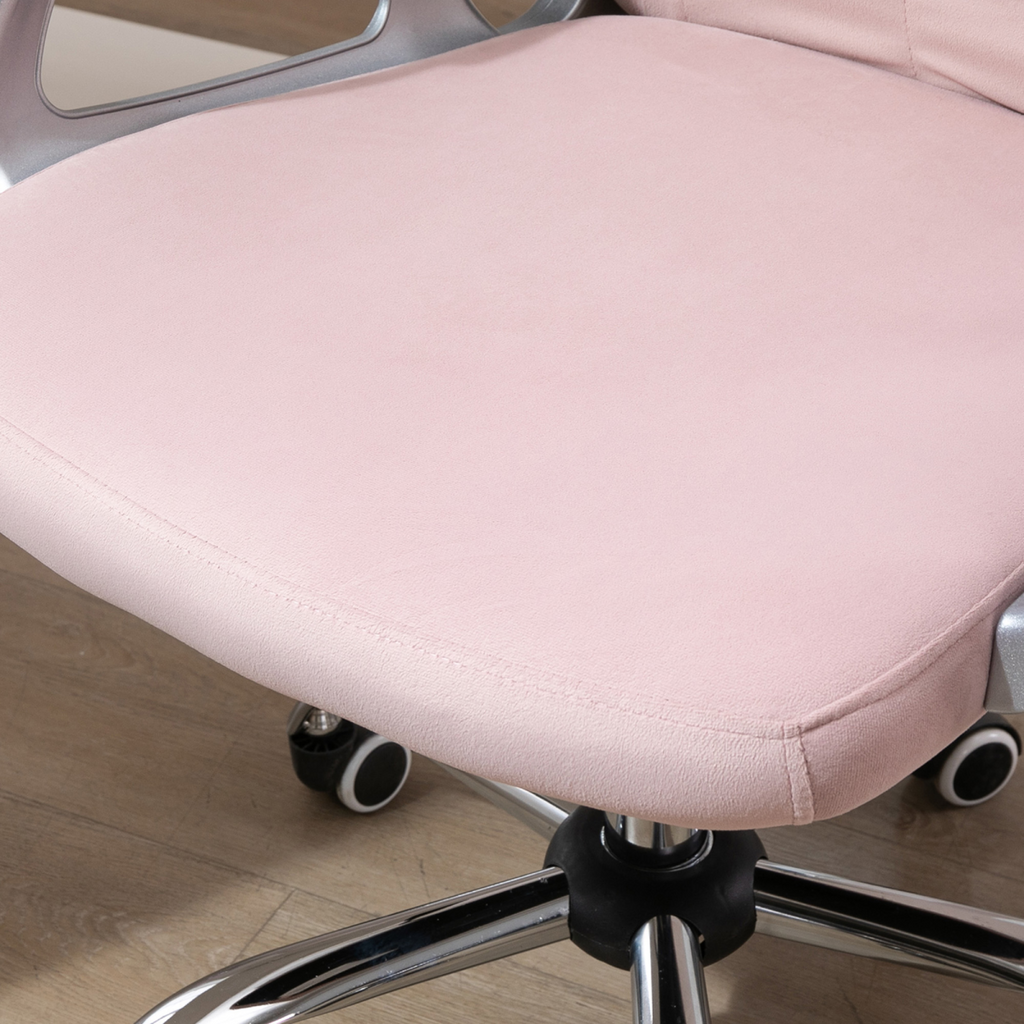 Luxury pink velour ergonomic office chair with diamond tufting and 360° swivel feature by HomeCraft.