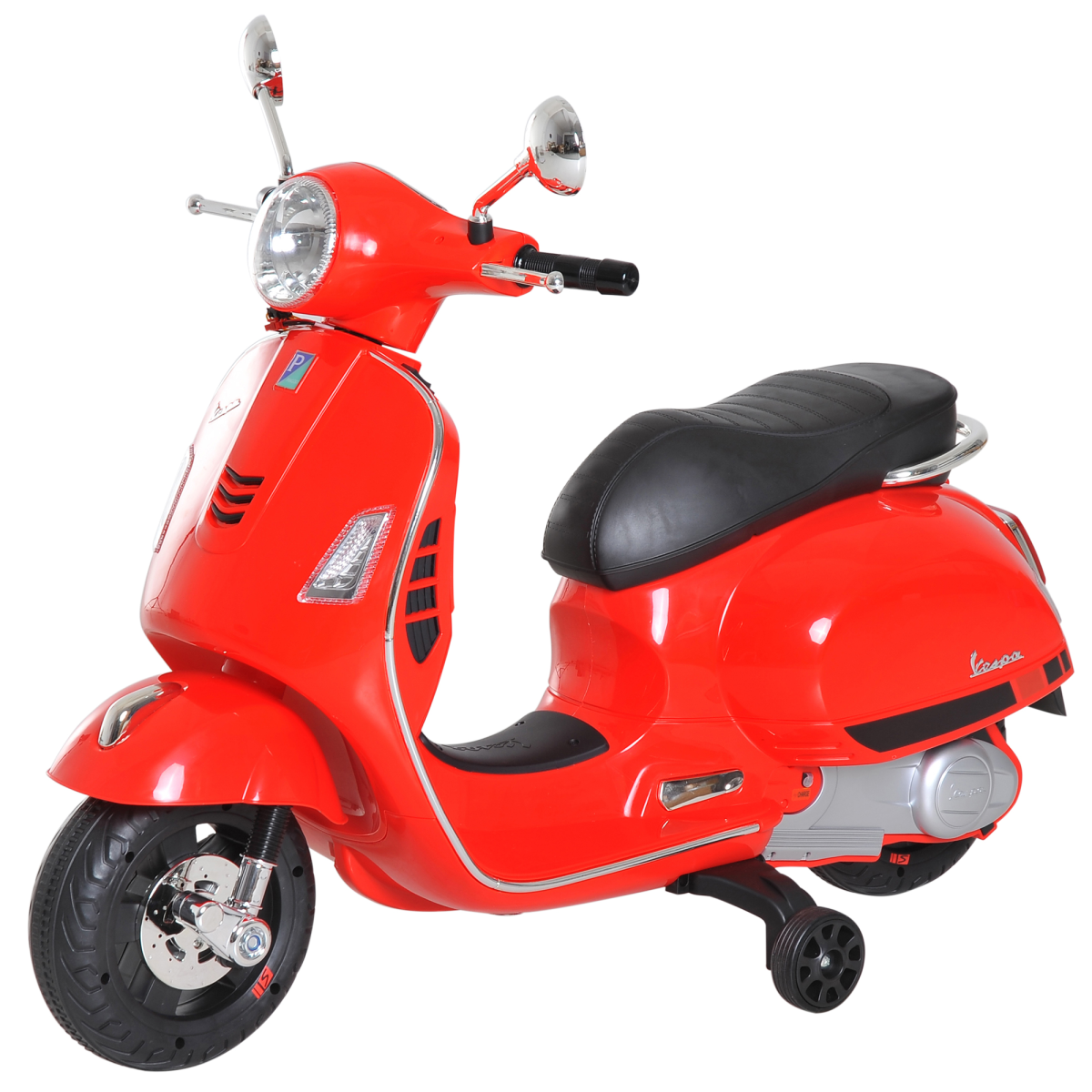 Kids ride-on licensed Vespa motorcycle by HOMCOM with music, LED lights, designed for boys and girls.
