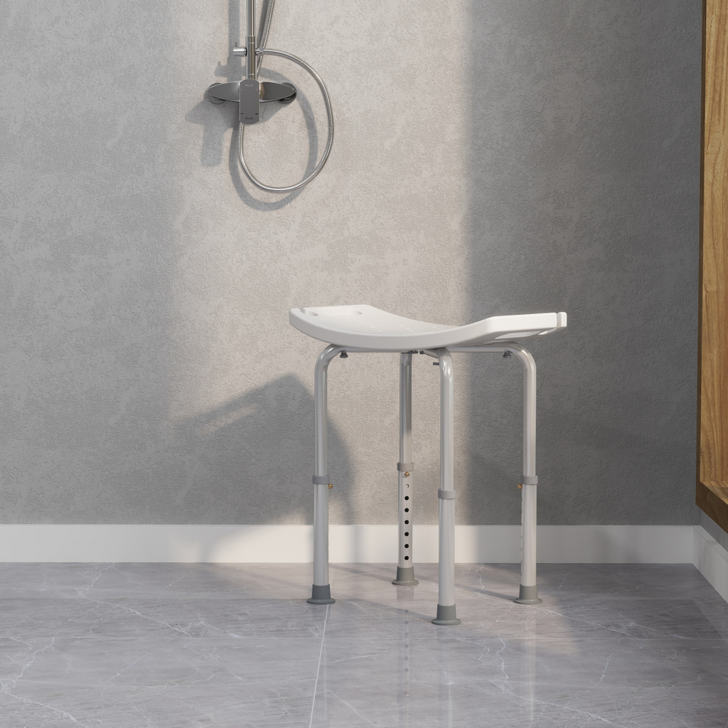 Adjustable height mobility shower stool with aluminum frame and non-slip legs for safe bathing support.