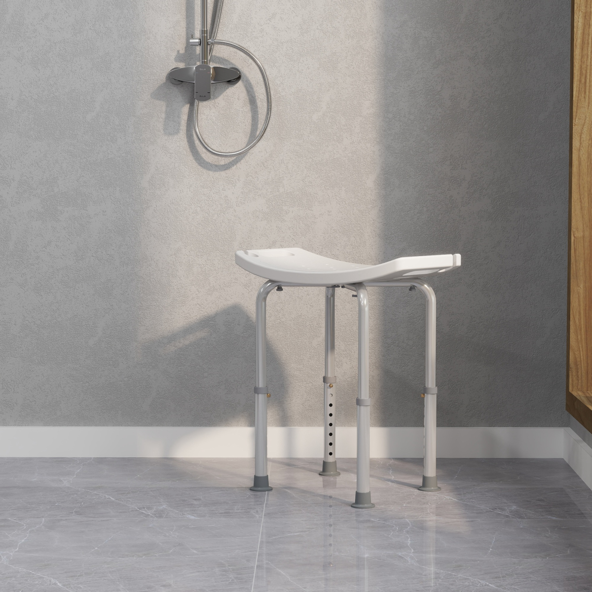 Adjustable height mobility shower stool with aluminum frame and non-slip legs for safe bathing support.