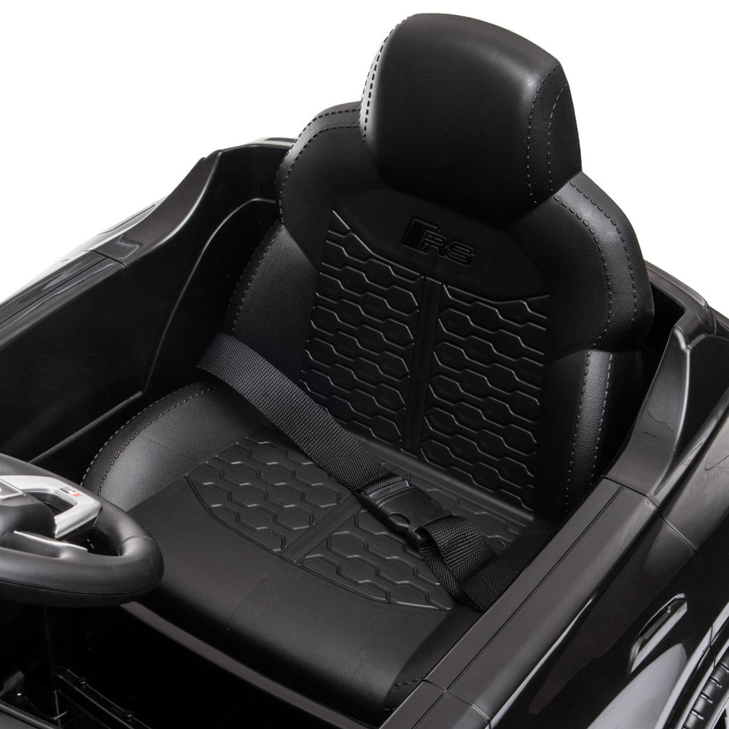 Black Audi RS Q8 kids electric ride-on car toy with remote, USB, MP3, and Bluetooth features from FunZone.