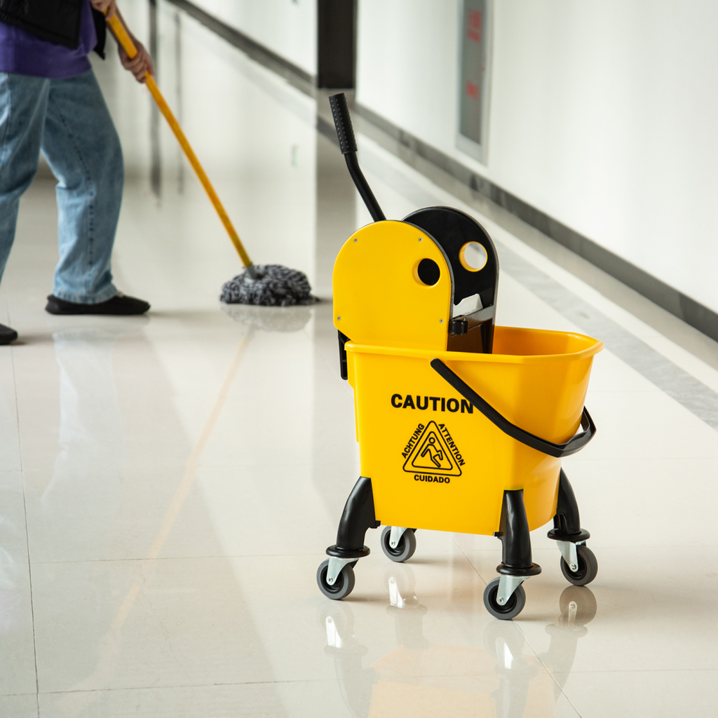 HOMCOM yellow 26L mop bucket with water wringer and 4 wheels, featuring a sturdy plastic body for easy mobility.