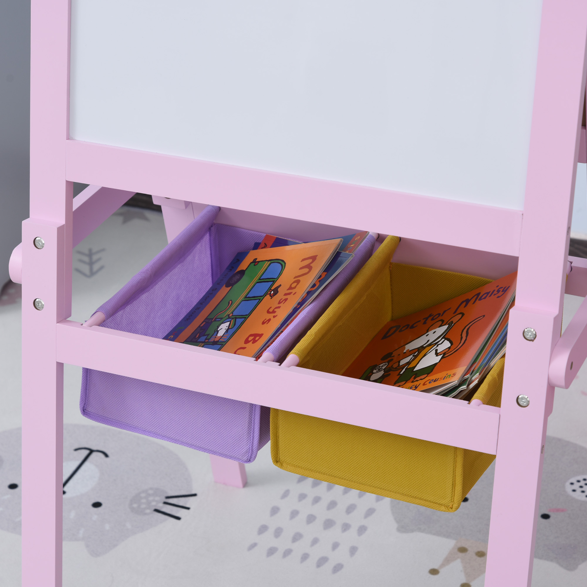 Kids wooden art easel with paper roll and double-sided chalkboard, perfect for creative play and learning activities.