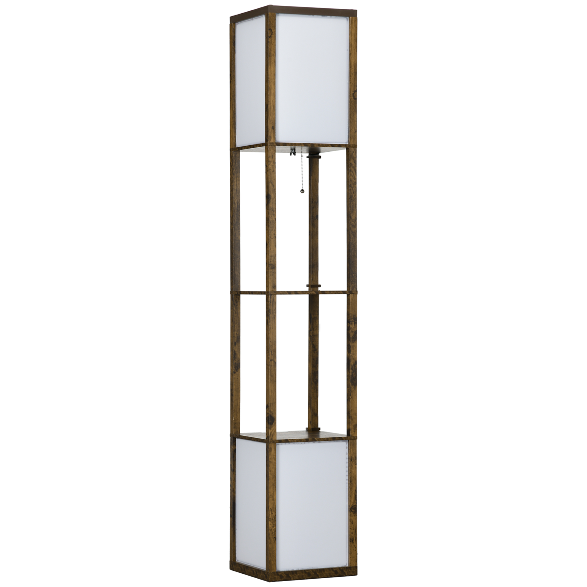Brown HOMCOM shelf floor lamp with dual lights and two display shelves in a stylish home setting.