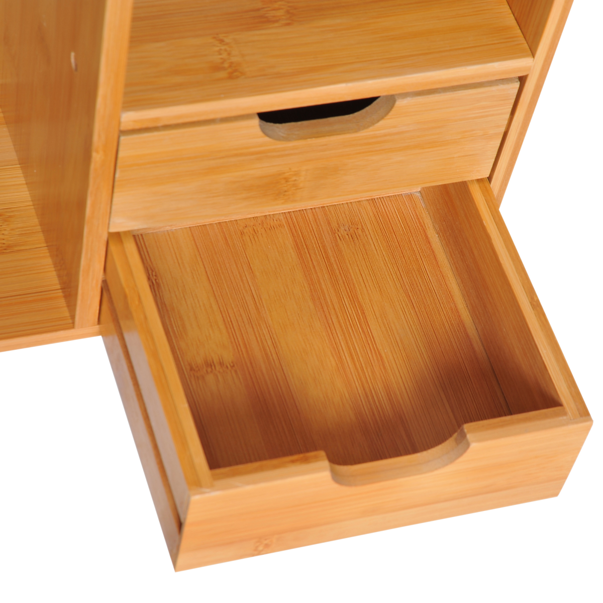 HOMCOM bamboo desk organiser with a rotatable design and two drawers for efficient desktop storage.