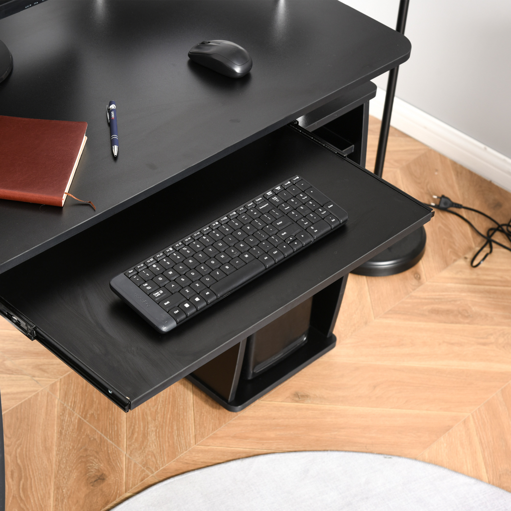 Black Computer Office Desk with keyboard tray, drawer, and monitor shelf from HomeCraft, showcasing sleek design and functionality.