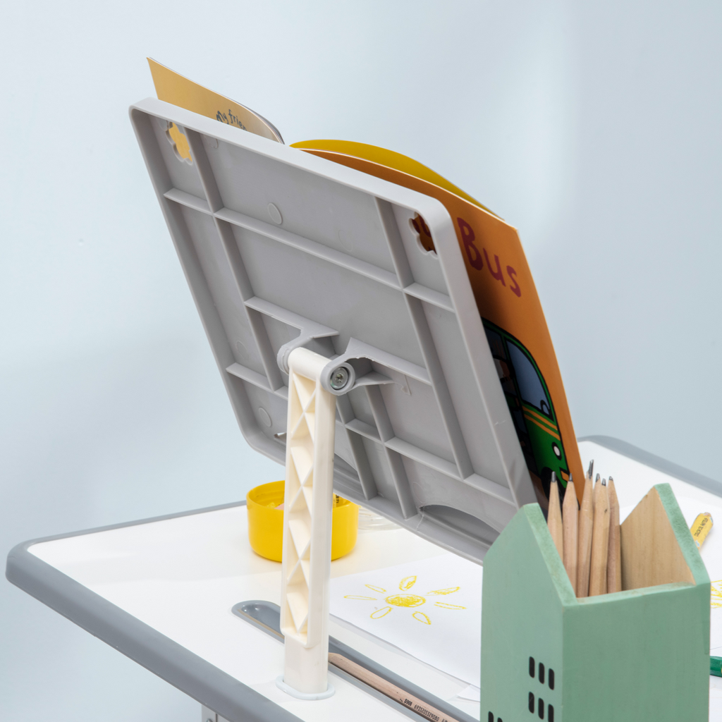 Kids adjustable height desk and chair set in grey with book stand, suitable for ages 6-12 by FunZone.