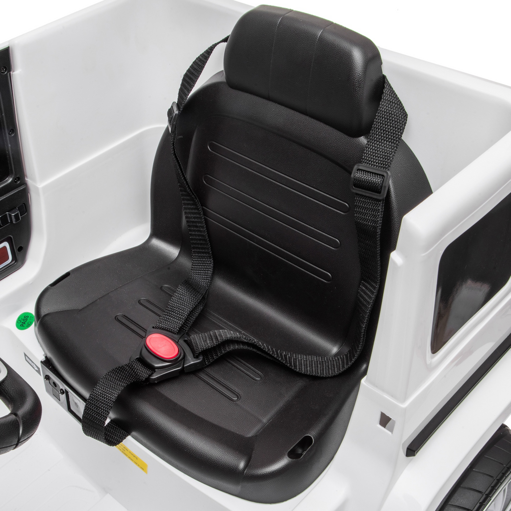 White Mercedes Benz G500 12V electric ride-on car for kids ages 3-8, featuring a remote control and sleek design.