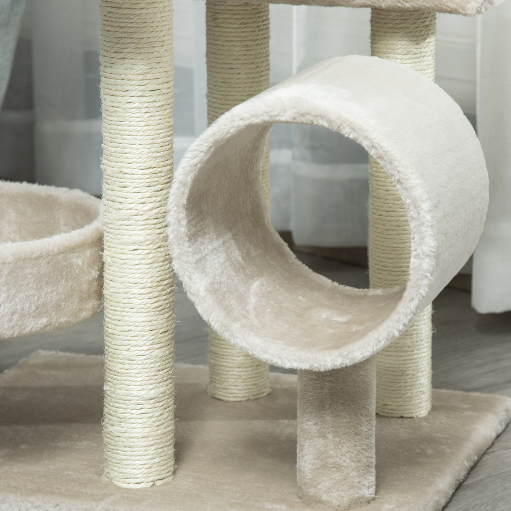 Beige Pawhut multi-level cat tree with scratching posts, perch, tunnel, and play center for cats.