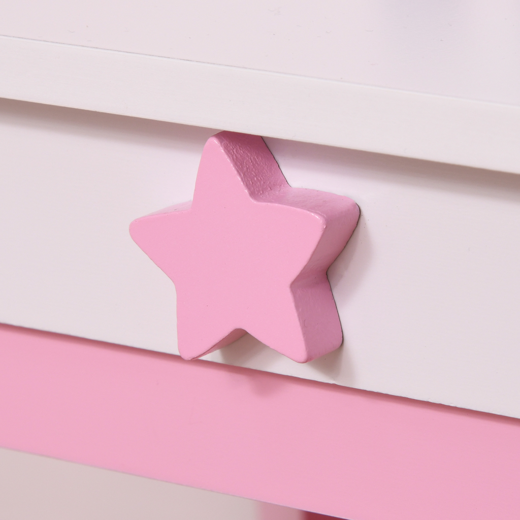 Kids dressing table vanity set with mirror and stool, featuring a colorful unicorn design by HOMCOM.