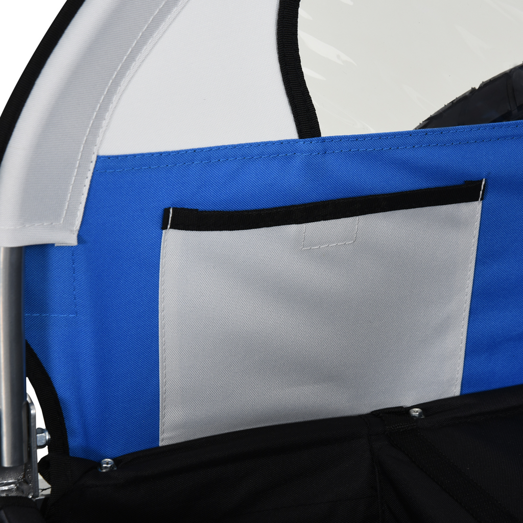 HOMCOM FunZone 2-seat child bike trailer with steel frame, seat belts, and blue fabric for outdoor biking adventures.