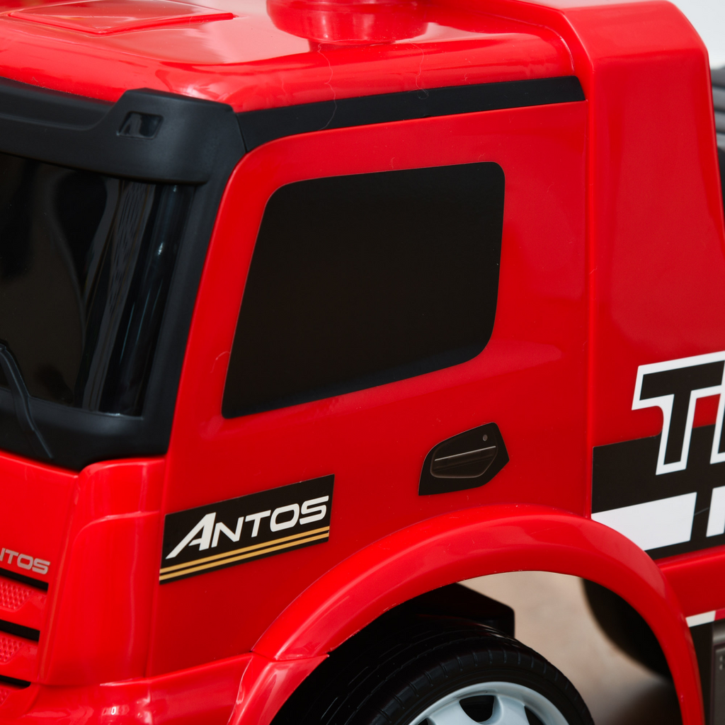 Red 3-in-1 kids ride-on car by HOMCOM, styled as a Mercedes truck with storage, suitable for ages 12-36 months.