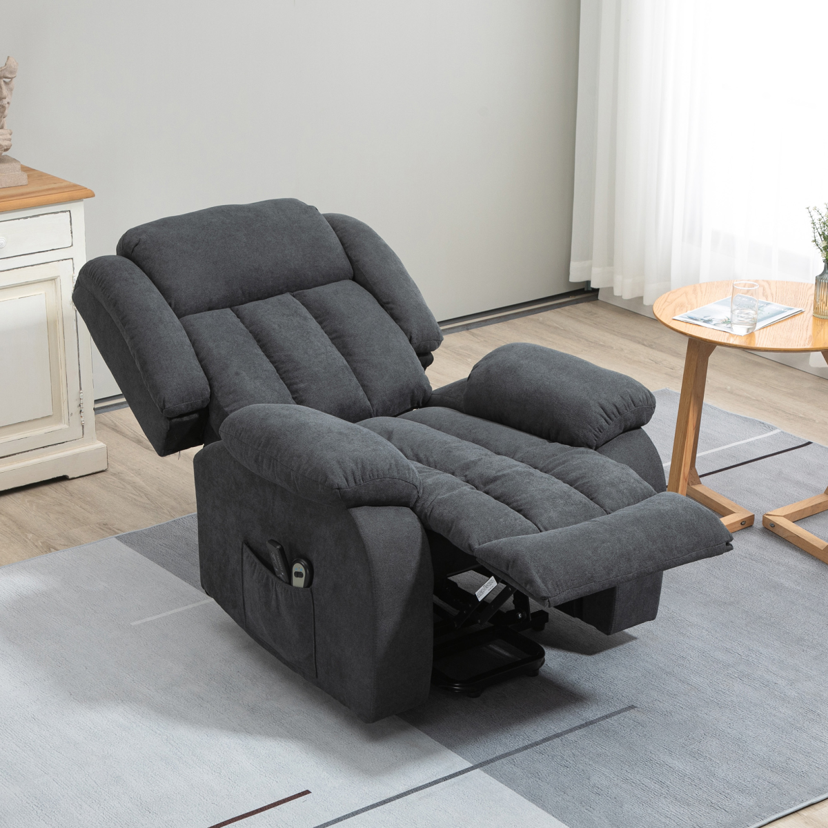 Heavy-duty HOMCOM riser and recliner chair in dark grey, featuring massage function and timer for elderly support.