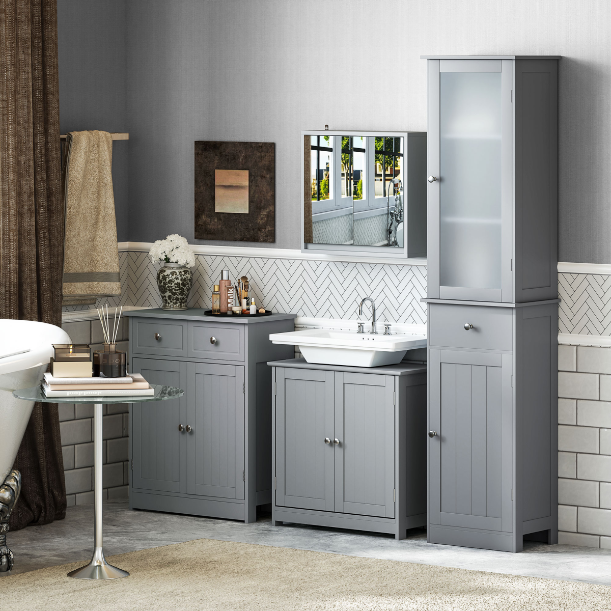 Grey wall mirror cabinet with storage shelf, featuring a sleek design for bathroom organization by Homcom.