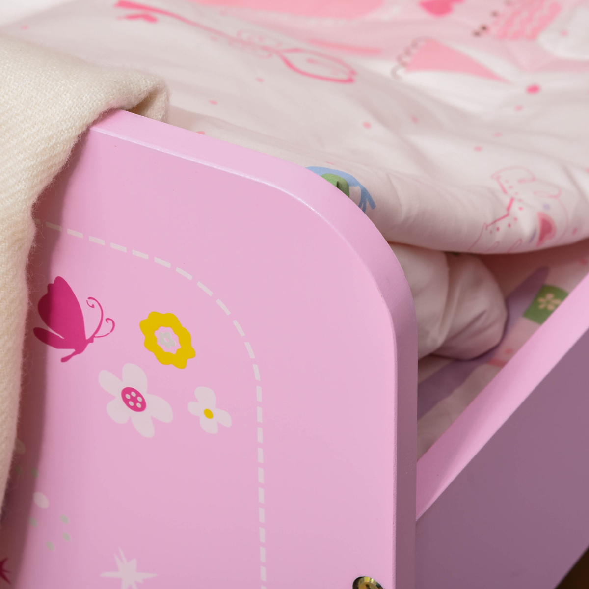 Pink princess castle-themed kids bed with side rails and slats by HOMCOM, ideal for children aged 3-6 years.