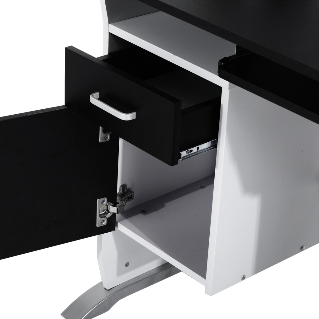 Black wooden computer desk with keyboard shelf and drawers from HomeCraft, featuring a modern workstation design.