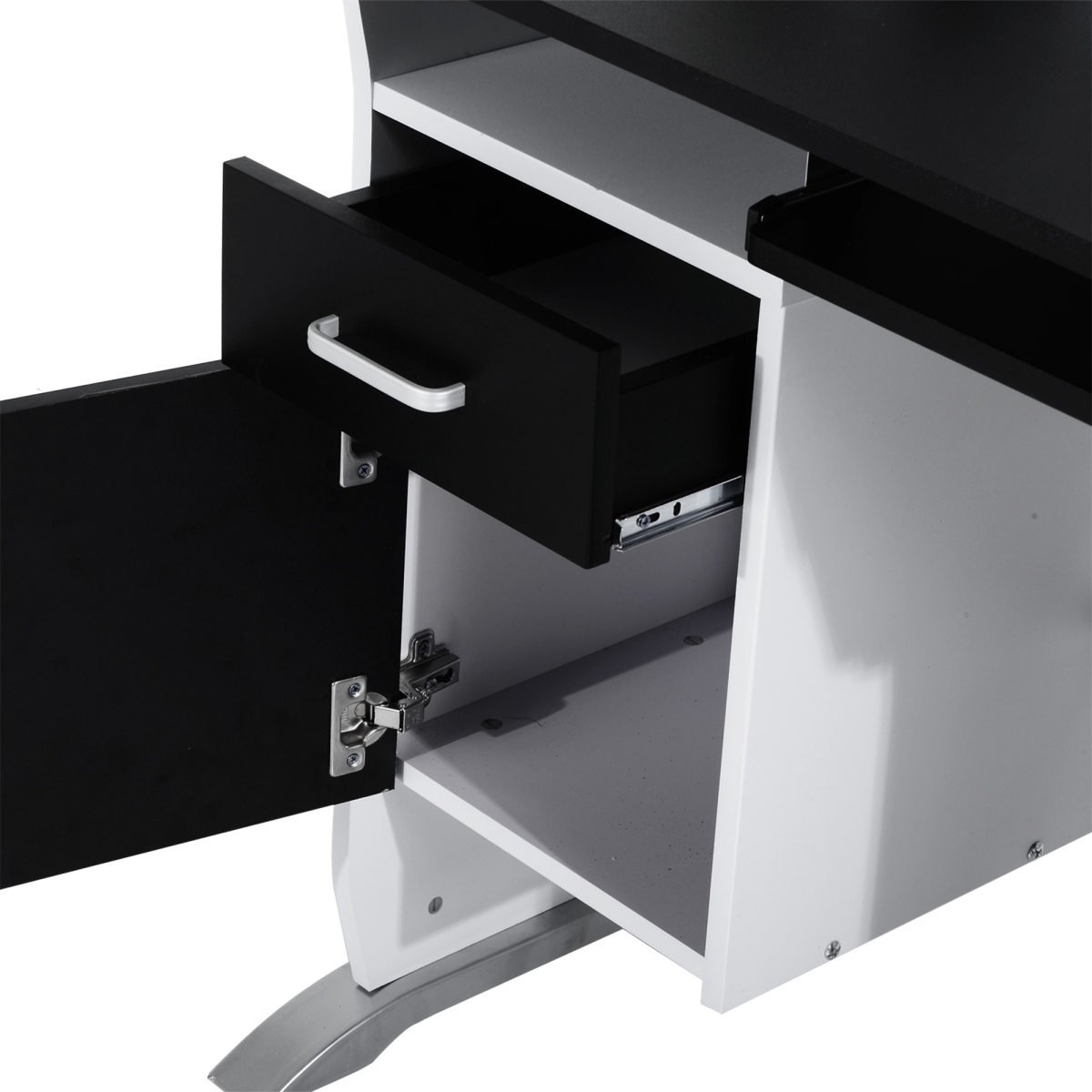 Black wooden computer desk with keyboard shelf and drawers from HomeCraft, featuring a modern workstation design.