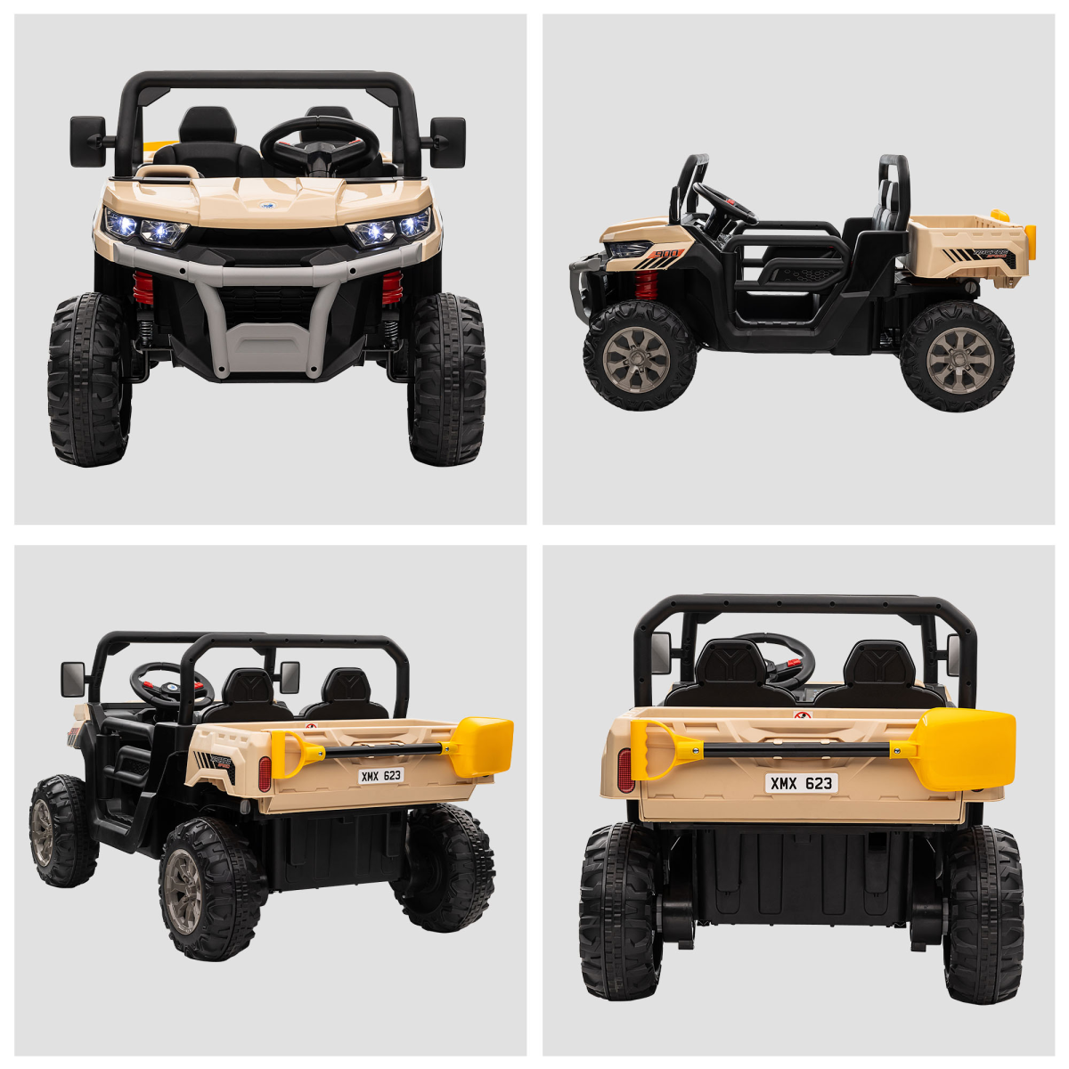 Yellow two-seater kids ride-on truck with electric bucket and parental remote control from FunZone.