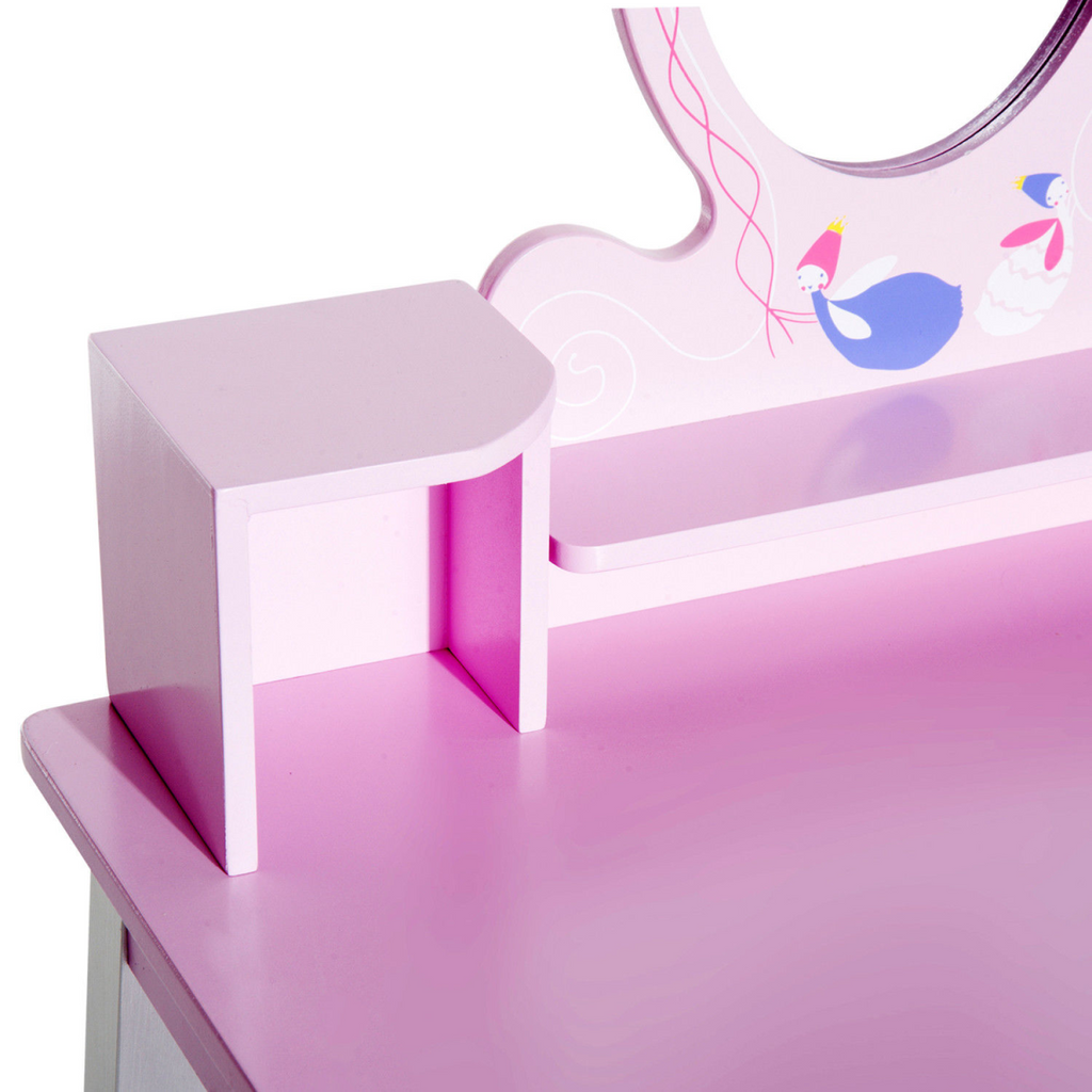 Kids pink dressing table and stool set with mirror and storage, featuring fun cartoon patterns, by FunZone.