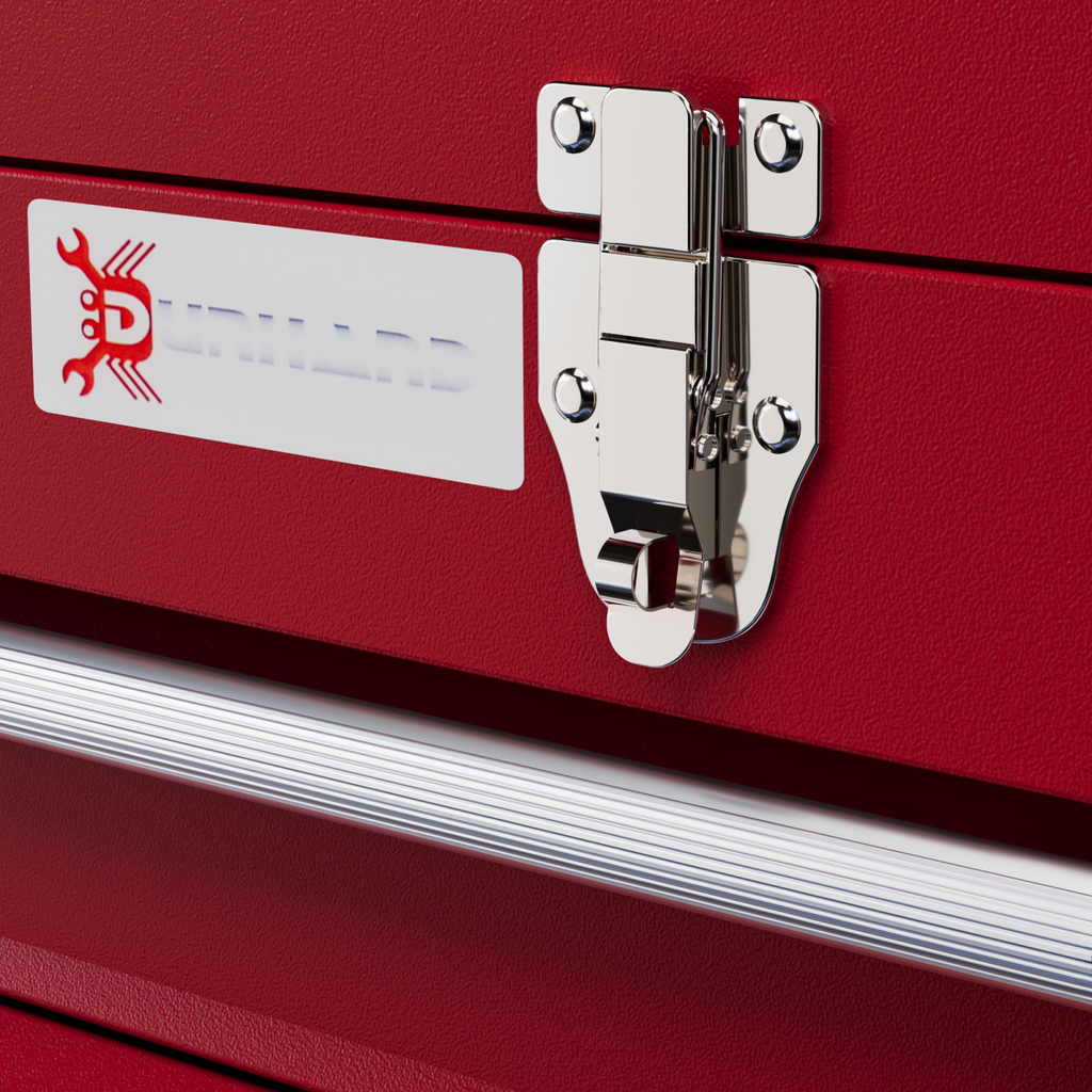 DURHAND lockable red tool chest with two drawers and ball bearing slide, featuring a sturdy design for home use.