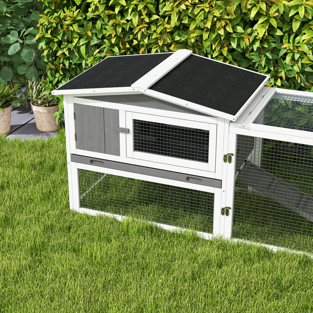 PawHut Rabbit Hutch and Run Outdoor w/ Sliding Tray Hay Rack Ramp, 156x58x68cm