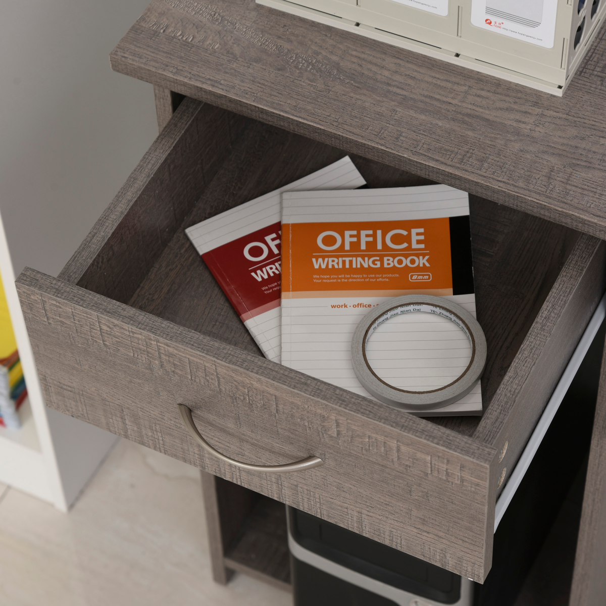 L-Shaped Corner Computer Desk & 2-Tier Side Shelves Wide Table Top Grey