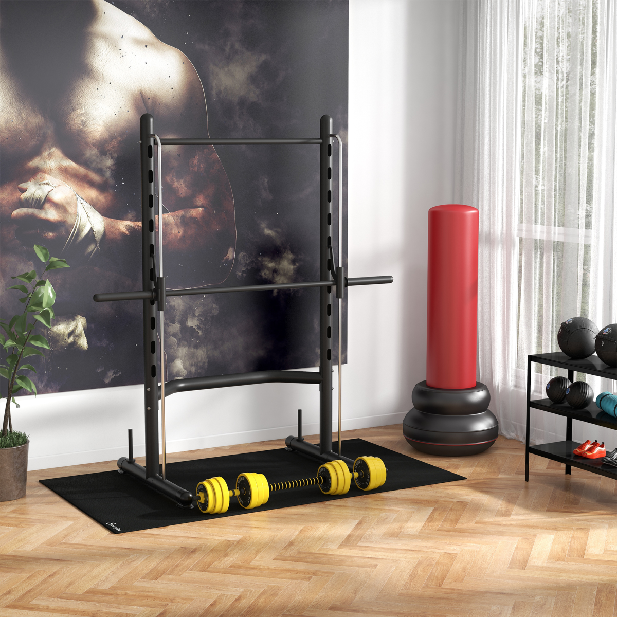 Adjustable HOMCOM squat rack with pull-up bar and barbell bar, designed for home gym workouts.
