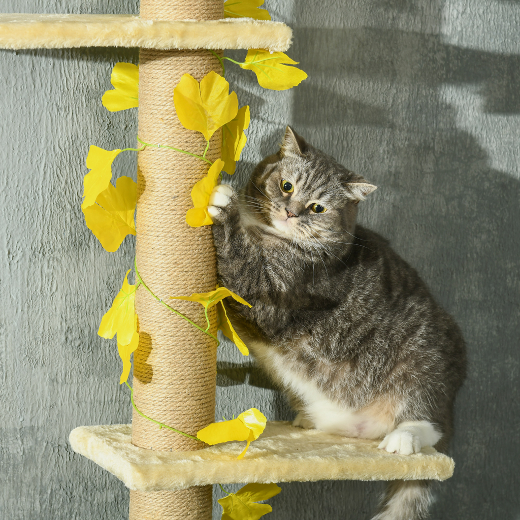 Adjustable 242cm PawHut floor-to-ceiling cat tree in yellow with anti-slip kit, featuring multiple platforms and scratching posts.