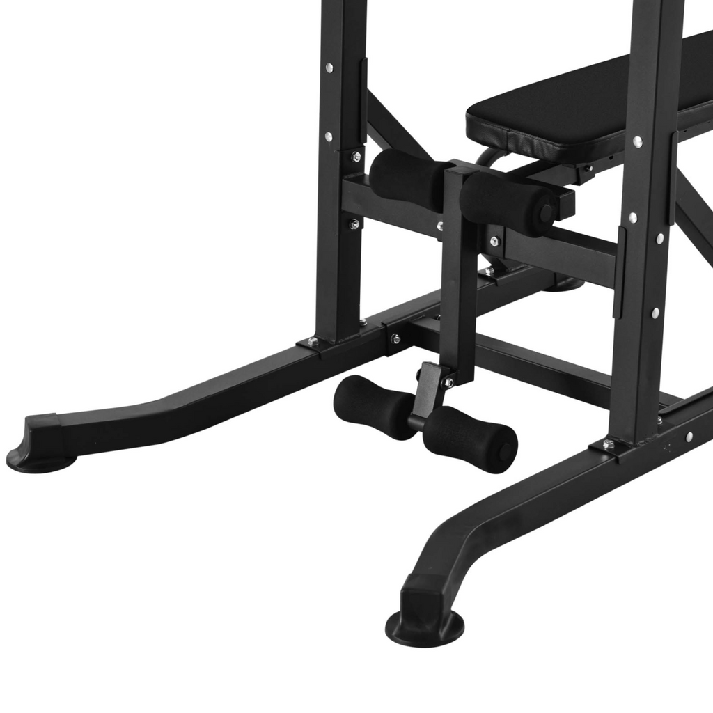 Adjustable folded dip stands for multi-function pull-ups and sit-ups, showcasing sturdy design and versatile use in fitness.