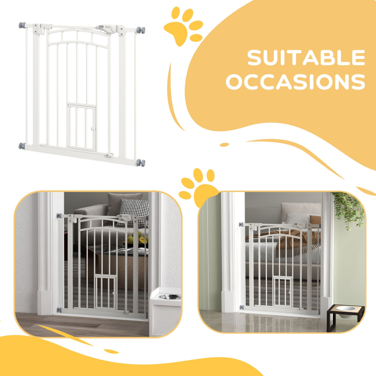 PawHut pressure fit dog gate with small cat door, adjustable 74-80cm, featuring a sturdy design for pet safety.