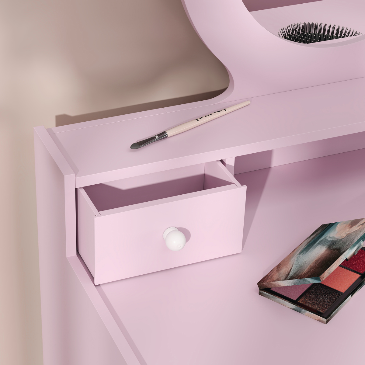 AIYAPLAY pink kids dressing table set with stool, mirror, and drawers, featuring fun design and compact size for playrooms.