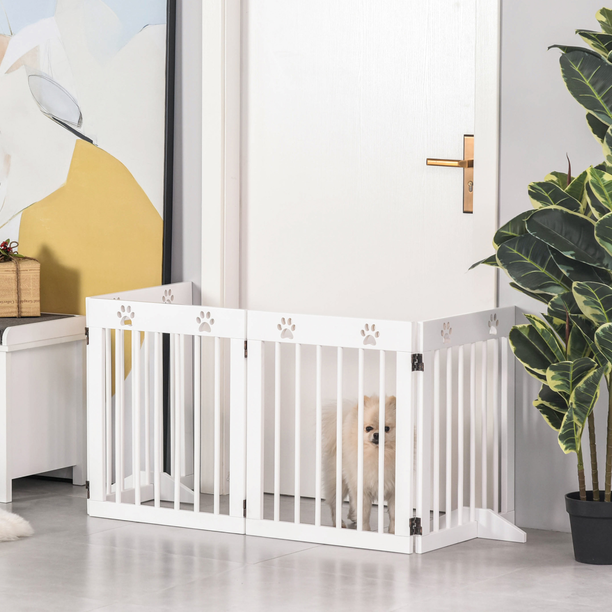 Freestanding Pet Gate 4 Panel Folding Wooden Dog Barrier w/ Support Feet
