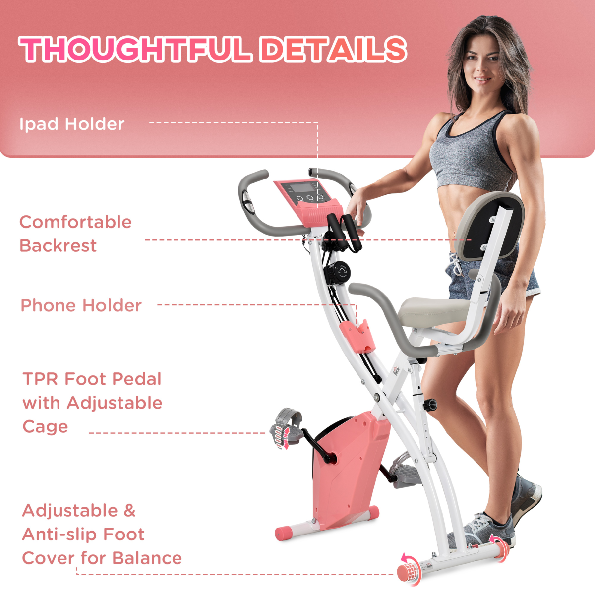 Pink 2-in-1 upright exercise bike with 8-level adjustable resistance and pulse sensor from ActiveGear.