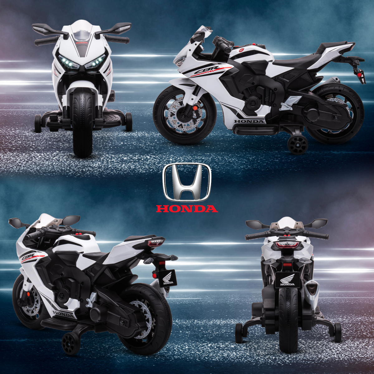 Licensed Honda 6V electric motorbike with training wheels for ages 3-5, featuring vibrant colors and a sleek design.