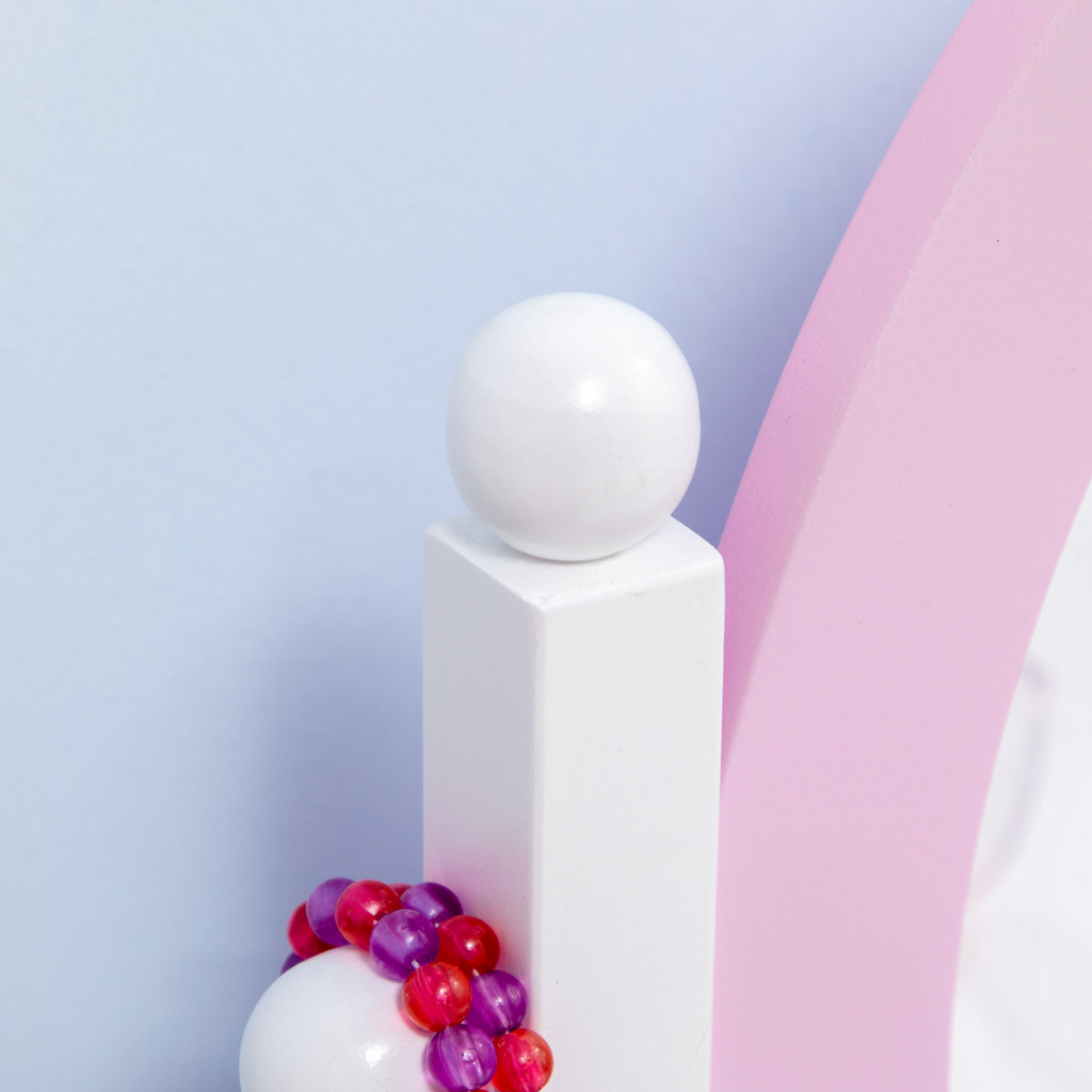 Pink Kids Dressing Table with Mirror and Stool by ZONEKIZ, featuring a drawer, designed for ages 3-6.