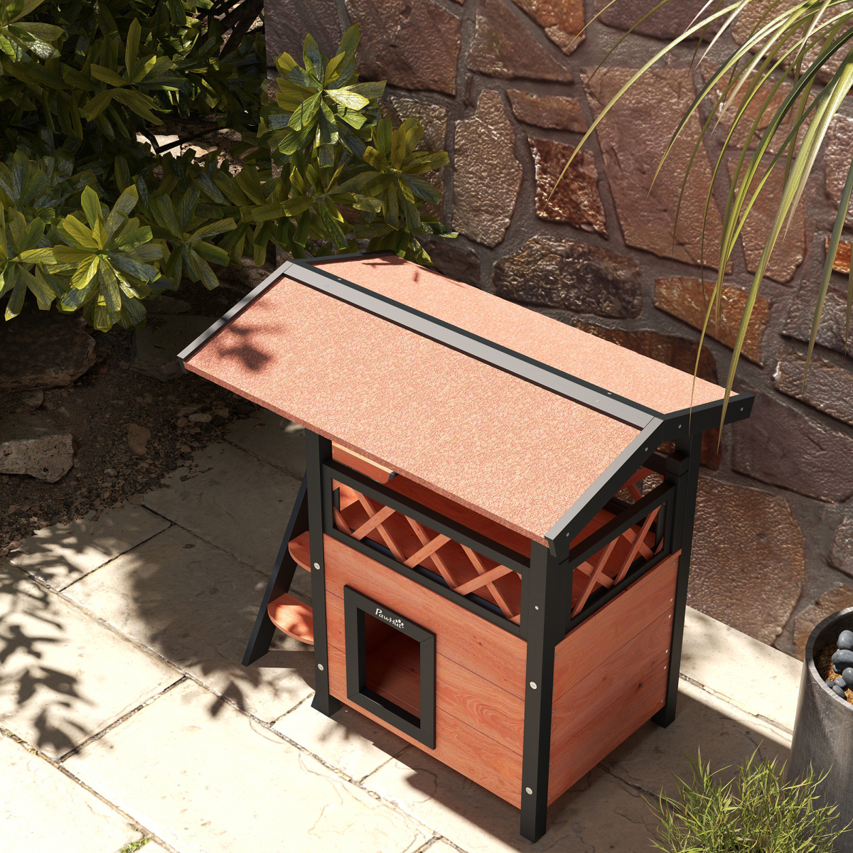 PawHut brown outdoor cat house with balcony and stairs, designed for pet comfort and outdoor play.