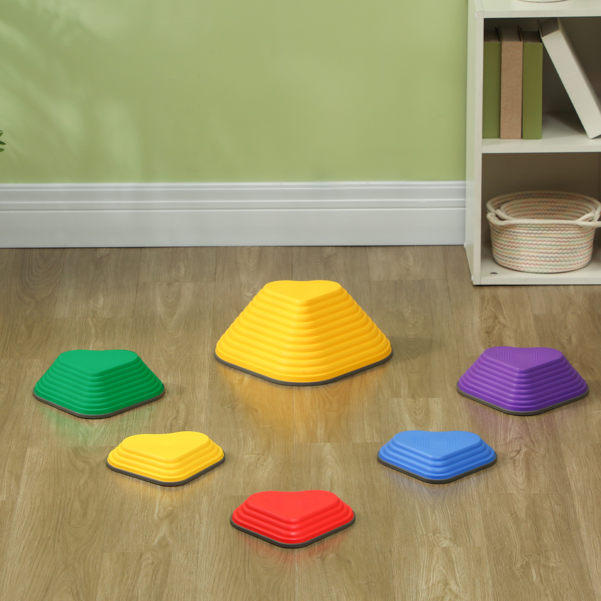 Colorful AIYAPLAY non-slip kids' stepping stones stacked together, ideal for outdoor play and imaginative fun.